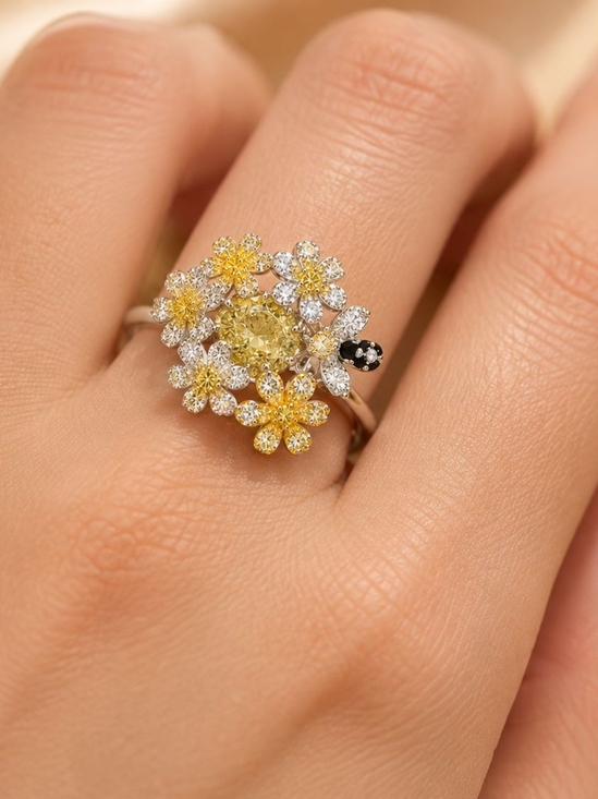 Spectrum Designz Jewelry - Yellow Floral Cluster Ring with Sparkling Accents - Women Jewelry